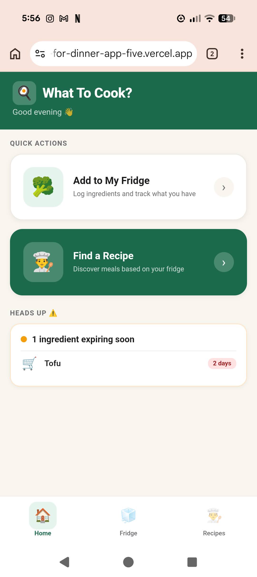 Screenshot of the What's for Dinner? app home screen showing quick actions and an ingredient expiry alert